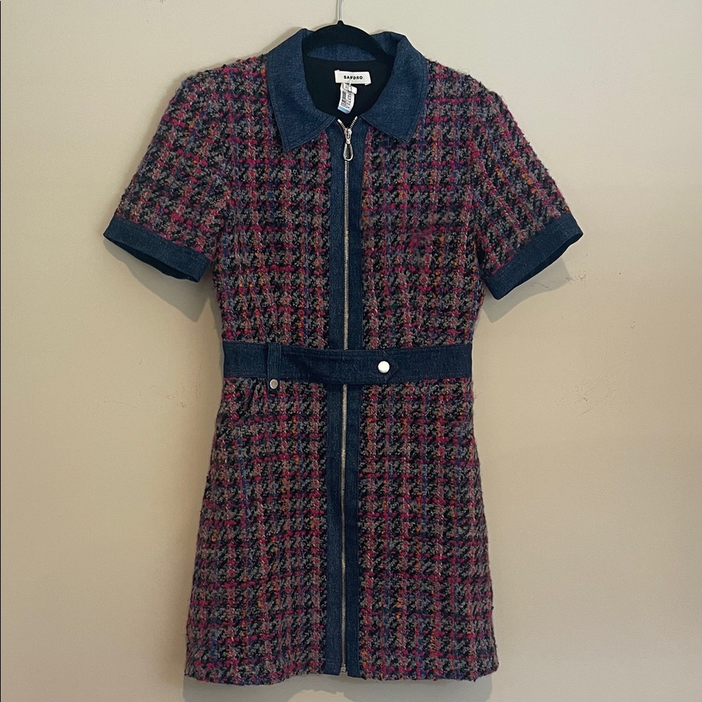 Sandro Multicolor Plaid Dress with Denim Accents